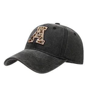 Retro black baseball cap featuring leopard print letter A and washed cotton fabric