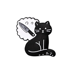 Broche en émail chat noir minimaliste avec bulle de pensée de couteau dessin