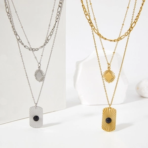 Layered Necklace Stainless Steel Sunburst Pendant Rectangular Black Agate Plate Figaro Chain Retro Jewelry Women