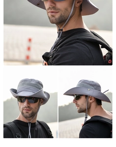 Detail of grey outdoor sun hat with breathable mesh, wide brim and adjustable chin strap