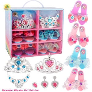 Kids princess dress up toy set with 4 pairs of glitter shoes and 3 tiaras in a storage box