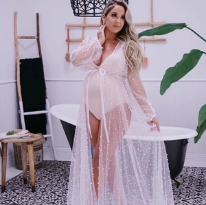 Women Plus Size Long Sheer Mesh Robe Maternity Photography Sexy Artificial Pearls Embellished Beach Cover Up Robe For Women