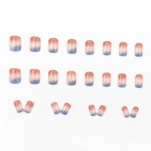Short square press-on nails with terracotta and Morandi blue gradient glossy finish