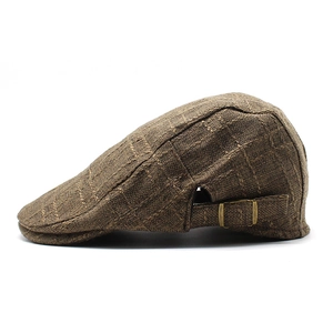 Classic brown checkered linen beret hat with adjustable copper buckle on white background