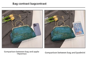Peacock pattern vintage handbag size comparison with iPad mini and smartphone