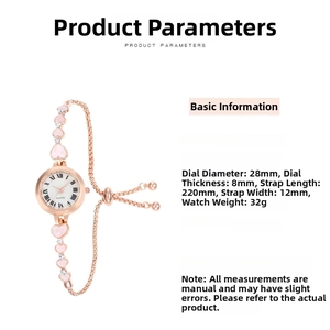 Detailed specs of rose gold heart bracelet watch with 28mm dial and quartz movement
