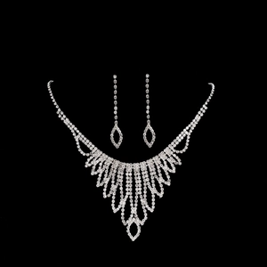 Sparkling bridal jewelry set featuring silver fringe necklace and long drop earrings