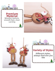 Detail of wooden Christmas reindeer pendants with red scarves and movable long legs