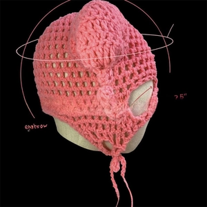 Pink handmade crochet balaclava hat with ear flaps and detailed size measurements