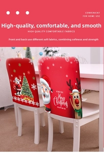 Detail showing elastic Christmas chair cover with Santa and reindeer prints in a home setting