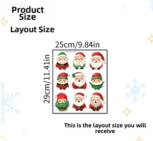 Detailed sheet showing nine Christmas dwarf stickers with layout dimensions in centimeters
