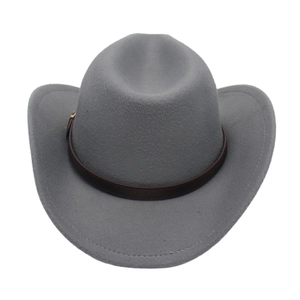 Detail of grey wool felt western cowboy hat with brown leather belt and decorative metal buckle