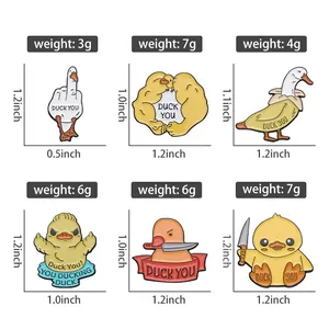 Size chart for cute duck enamel pins showing dimensions and weights in inches and grams