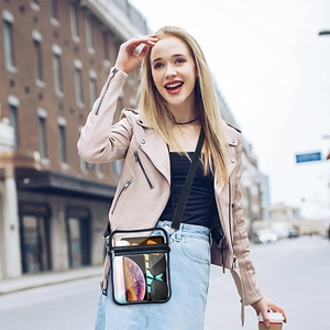 Waterproof transparent PVC crossbody bag showing daily essentials with black strap