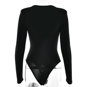 Detailed back view of a slim-fit black long-sleeve bodysuit with smooth fabric texture