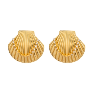 Elegant 18K gold plated stainless steel shell earrings with crystals on white background