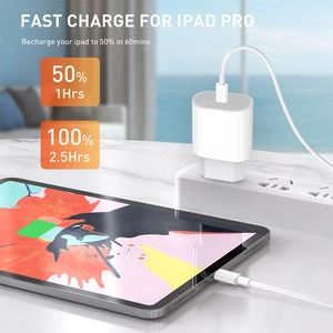 PD 20W USB-C fast charger kit for iPad Pro shown charging on a marble desk surface
