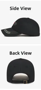 Detail view of black U.S. ARMY baseball cap featuring side profile and metal back buckle