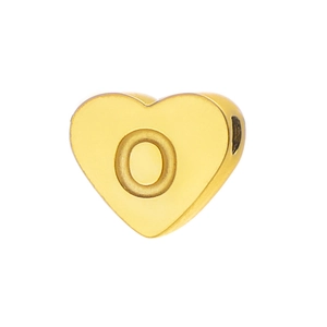Close-up of heart-shaped gold letter O bead with polished mirror finish for DIY jewelry