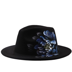 Hand Painted Blue Flower Fedora Hat Wide Brim Cotton Polyester Jazz Cap For Men Women Artistic Vintage