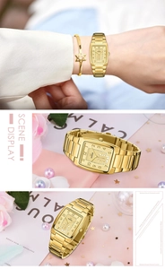 Details einer eleganten goldenen Damen-Quarzuhr mit passendem Armband-Set