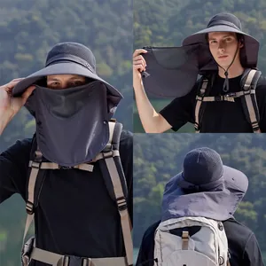 Men's dark grey wide brim sun hat with removable neck flap and breathable mesh vents