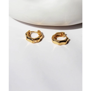 Minimalist gold plated bamboo texture hoop earrings with high polished metallic finish
