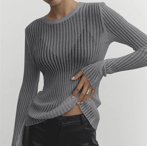 Close-up of dark grey ribbed knit texture on a slim-fit crew neck long sleeve sweater