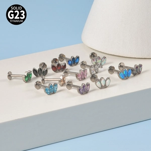G23 titanium labret studs with marquise zirconia leaf design in various colors