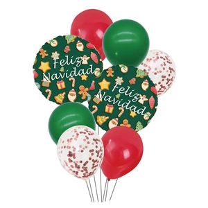 Close-up of Christmas balloon set with Feliz Navidad foil prints and red confetti balloons