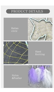 Macro detail of star rattan frame with hand knitting and feather ornaments