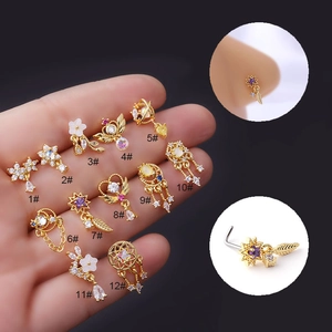 316 Stainless Steel L-Shaped Nose Stud Piercing Jewelry With Colorful Zircon Dangle Heart Star Moon Flower Pendant