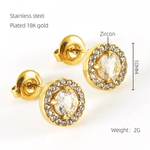 Detail of 10MM 18K gold plated stainless steel zircon stud earrings with product specs