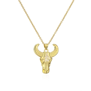Detailed view of 18K gold plated bull skull pendant necklace with Chinese character design