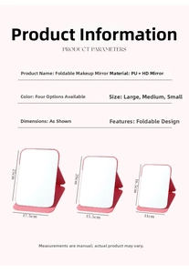 Size chart showing dimensions of small, medium, and large portable PU folding mirrors