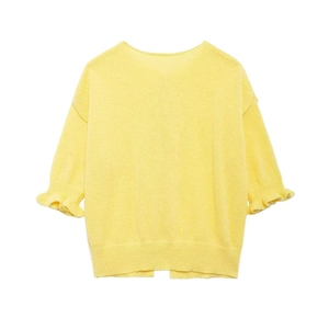 Yellow knit cardigan featuring elegant ruffled sleeves and a classic round neckline top