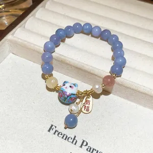 Elegante bracciale di perle di cristallo gatto della fortuna con ciondolo d'oro