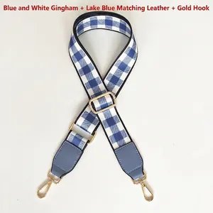 Detail view of blue and white gingham bag strap with lake blue leather and gold hardware
