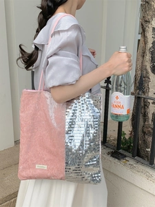 Pink velvet and silver sequin tote bag with pearl accents for women