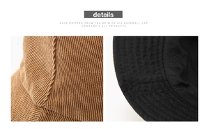 Detailed macro view of the brown corduroy bucket hat texture and reinforced stitching