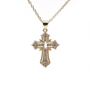 Vintage gold cross pendant necklace with white pearls and sparkling cubic zirconia stones