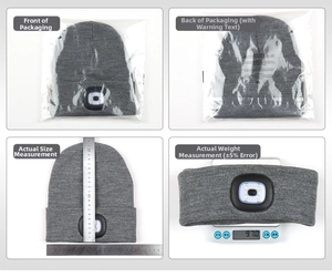 Detailed view showing weight 97g, height 20cm, and LED light module on a grey beanie