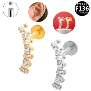 Sterile F136 titanium snowflake labret stud earrings in gold and silver finish