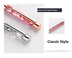 Detail of glitter floating pens showing rose gold and silver finishes with flat-top design
