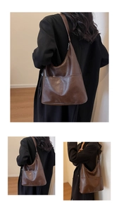 Three-way split view of a brown PU leather shoulder bag on a model in minimalist interior