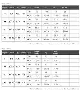 Detailed size guide for women casual long sleeve top and shorts set with measurements