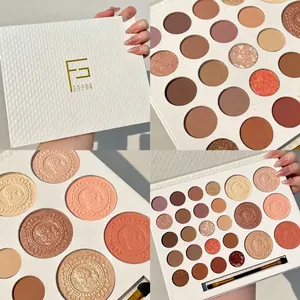 26-color eyeshadow palette with highlighters and brushes in white quilted case