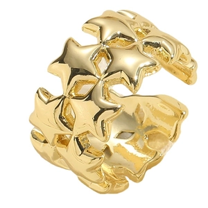 Polished gold adjustable open ring featuring unique hollow five-pointed star chain design