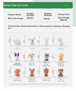 Size chart showing dimensions and weight for 12 styles of mini resin dog figurines