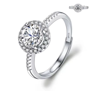 S925 sterling silver ring with round zirconia main stone and adjustable open band